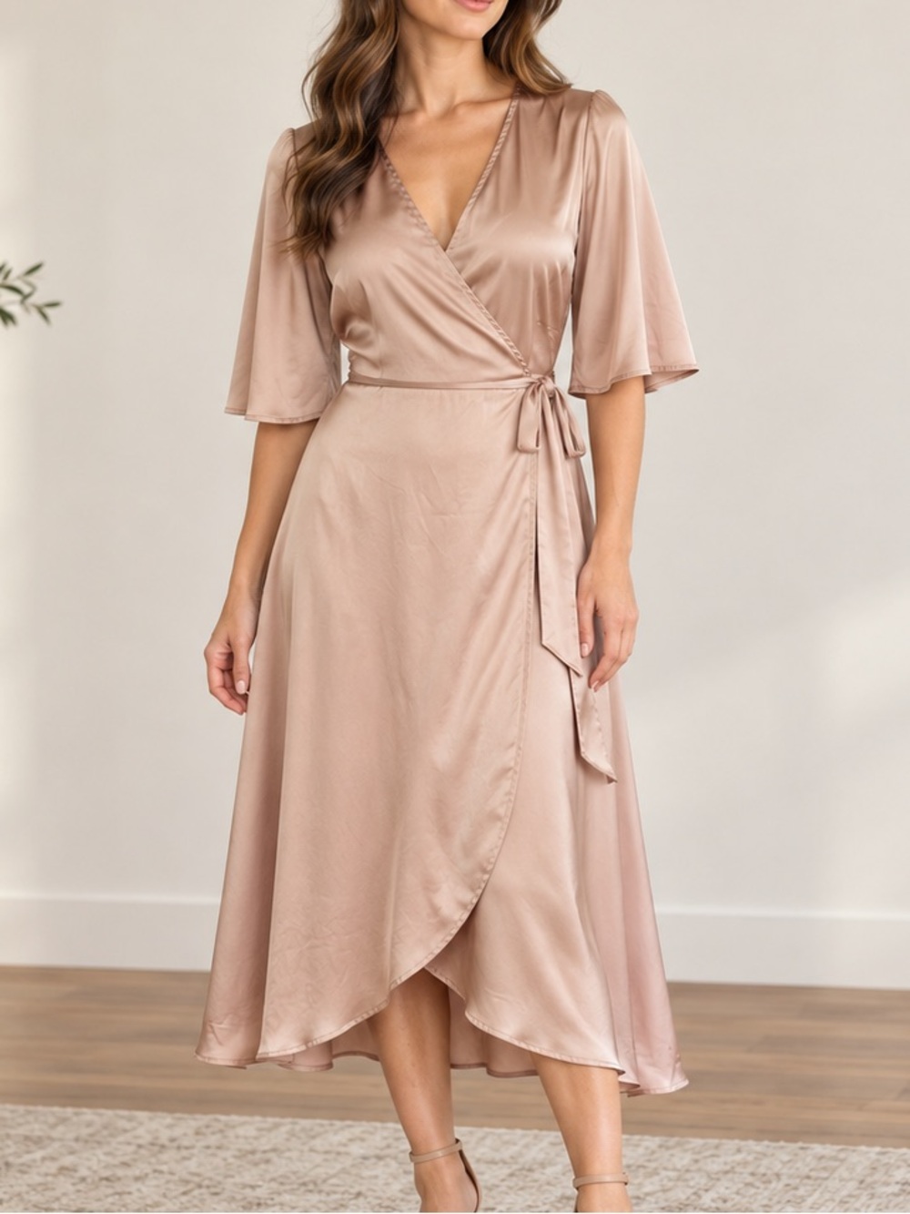 Cotton Candy LA Champagne Blush Satin Wrap Midi Dress Medium Fall Dress